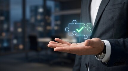 Obraz premium Puzzle Pieces with Verified Checkmark Hologram, Held by Businessman