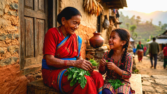 Elderly South Asian woman and young girl preparing fresh green vegetables outside a rural village home