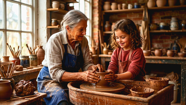 Senior woman and young girl shaping clay on a pottery wheel in a rustic workshop with natural light