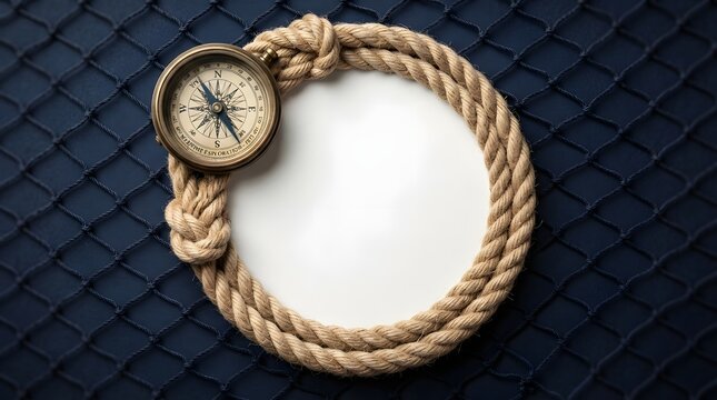 Vintage compass placed on a rope circle frame over a dark blue fishing net background
