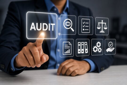 Corporate auditor touching holographic audit management interface with icon options on a desk