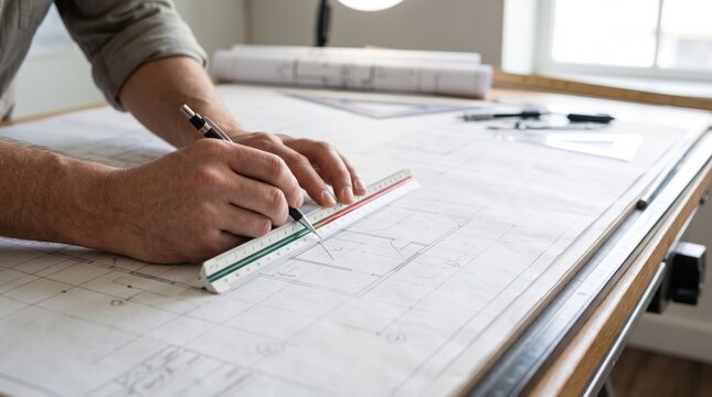 A person uses a scale and pen to draw precise architectural plans on a drafting table in a well-lit workspace.