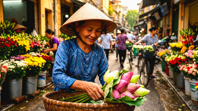 Vietnamese flower vendor arranging bouquets in hanoi old quarter market with vibrant natural lighting