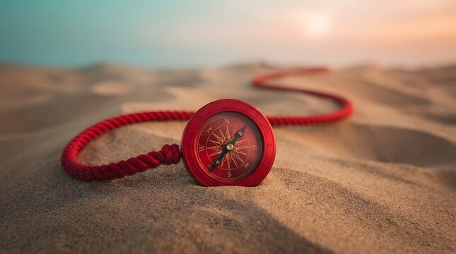 A red vintage compass resting on golden sand dunes with a long rope trailing into the distance