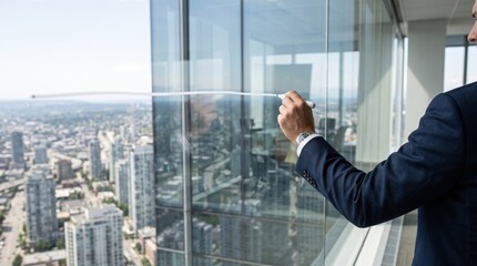 Fototapeta na wymiar A businessman in a suit writes on a glass board inside a high-rise office overlooking a city skyline.