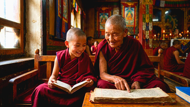Young novice monk and elderly monk reading traditional scriptures together inside a Tibetan monastery