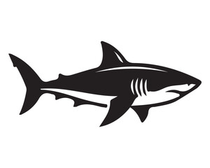 Obraz premium Minimalist black silhouette icon of a great white shark swimming with marine life ocean animal sea creature flat design
