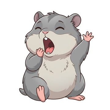 Cute gray hamster yawning and waving its paw, vector illustration
