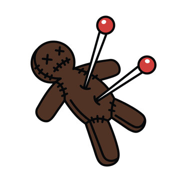 Cartoon graphic illustration of a mystical doll figure, impaled with two sharp pins, symbolizing misfortune, bad luck, or playful retribution in a unique thematic design