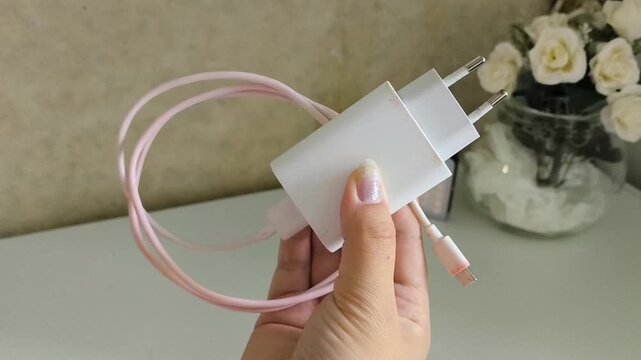 Woman holding a phone charger with a cable in her hand, representing mobile charging, smartphone accessories, power connection and everyday technology use.