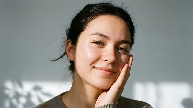 Young woman with healthy glowing skin looking at camera clear skin beauty portrait skincare model youthful skin female face skincare routine