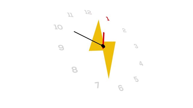 Animated clock design rotating in perspective, featuring a yellow lightning bolt icon and a 12-hour display with the number highlighted in red, set against a white background.
