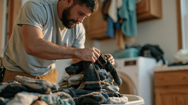 a welder arriving home and cheerfully sorting a pile of mismatched work socks into pairs for national sock day, blue collar lifestyle, december evening, humor, relatable domestic