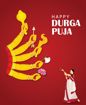 Happy Durga Puja poster with goddess hands vector poster