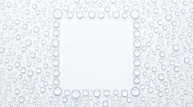 A white square frame with water droplets on a white background.