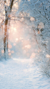 A winter forest path under snow‑covered trees with falling snow, winter nature, tranquility, frost, an exceptional sense of silence and solitude.