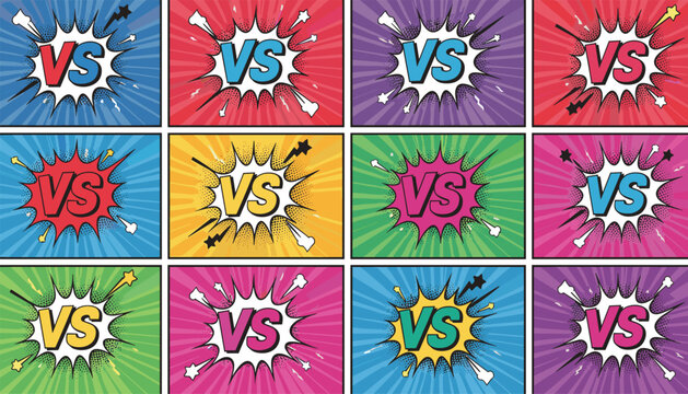 Grid of twelve versus confrontation screens in colorful retro comic book and pop art style backgrounds.