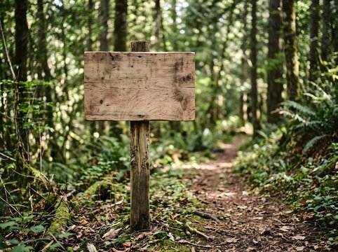 Blank rustic wooden signboard standing on a narrow dirt trail in the middle of a dense green forest for nature hiking and outdoor exploration