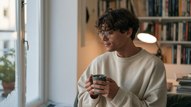 A bespectacled young man cradling a steaming mug of rich hot cocoa topped with tiny marshmallows beside a frost-edged window, savoring national cocoa day in a minimalist apartment