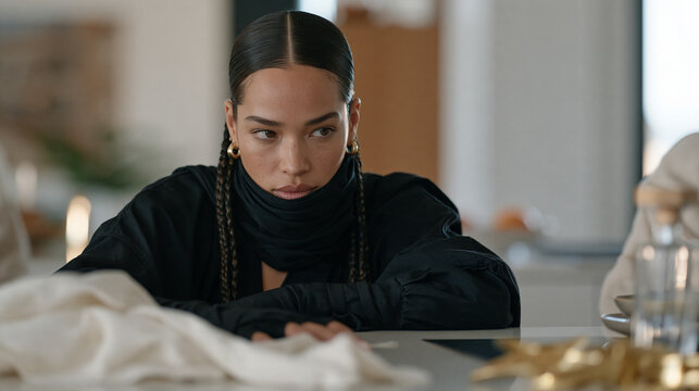 A woman with long braids dressed head to toe in a stealthy all-black outfit crouching theatrically behind a kitchen counter with foam throwing stars, playfully marking