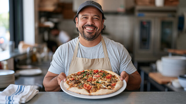 A man with gap teeth grinning wide behind a restaurant counter as he presents a loaded pizza heaped with every topping except anchovies on national pizza with everything day,
