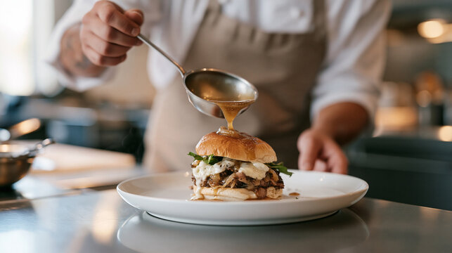 A chef in a professional restaurant kitchen ladling rich aromatic broth over a fully loaded french dip sandwich on national french dip day, au jus dipping sauce, comfort food