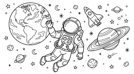 Astronaut floating near earth planets and a rocket in a black and white line drawing © Studio Orni