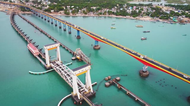 Aerial drone view of the New Pamban Railway Bridge connecting Rameswaram Island to mainland India across the Palk Strait in Tamil Nadu.