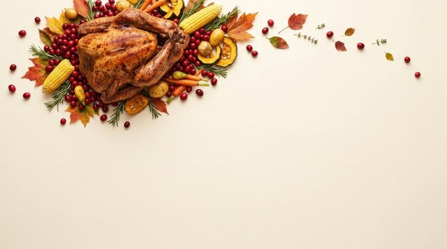 A vibrant and festive thanksgiving border featuring a roasted turkey surrounded by traditional autumnal harvest elements creating a warm and inviting scene