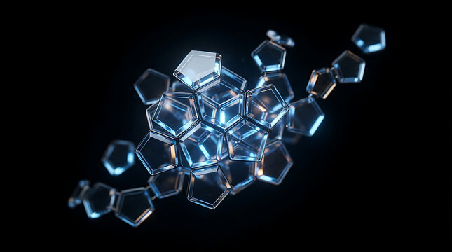 Floating blue glass pentagonal shapes on a black background