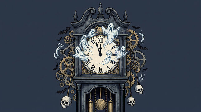 Haunted vintage grandfather clock with spooky ghosts and skulls in gothic illustration style.