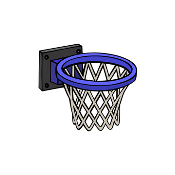 Digital illustration of a blue basketball hoop with a white net mounted on a transparent wall background