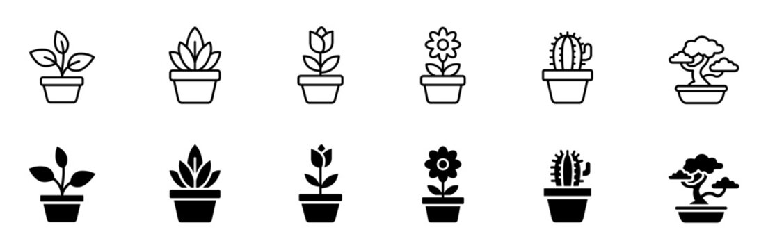 Potted plant and houseplant vector line and filled icon set for botanical gardening, nature decor, and home flora.