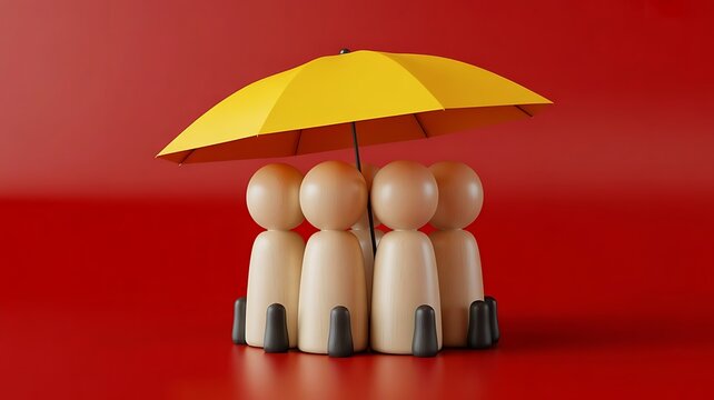 A group of wooden peg dolls huddled together under a single yellow umbrella against a solid red background, representing teamwork and protection