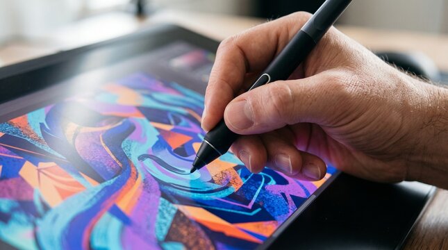 Hand of digital artist using stylus pen on a graphics tablet drawing colorful artwork