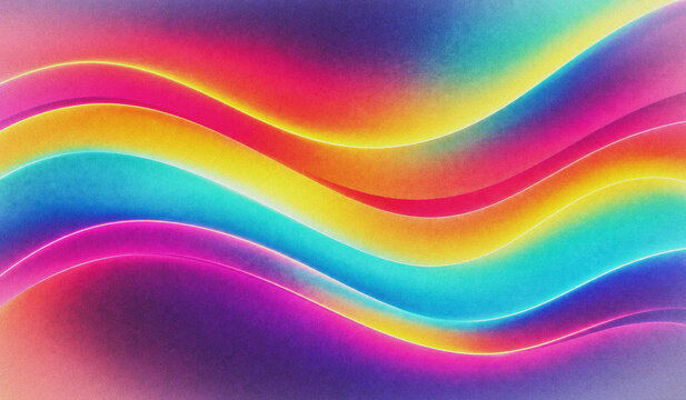 A bold 1980s-inspired neon gradient with hot pink, orange, electric yellow, turquoise, and purple, creating an energetic synthwave atmosphere.