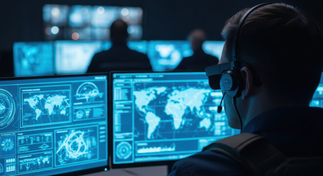 A male security operator wearing a professional headset sits in a dark command center monitoring multiple glowing screens that display complex global maps, data analytics, and digital surveillance.