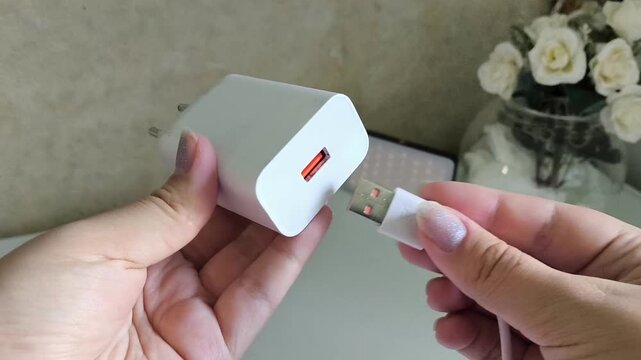 Hands connecting a charging cable to a phone power adapter, representing smartphone charging, cable connection, mobile accessories and everyday technology use.