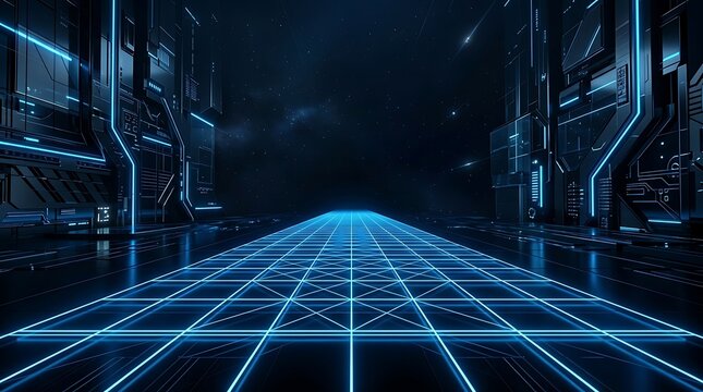 Futuristic digital corridor features a glowing blue neon grid floor flanked by high-tech architectural walls.