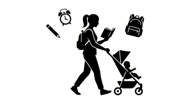 Mother pushing stroller reading book, pencil alarm clock backpack icons, black silhouette flat vector, white background, icon, parenting, family. Reading multitasking motherhood lifestyle theme