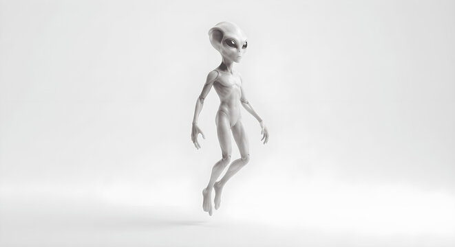 Classic grey alien creature floating in zero gravity isolated on white