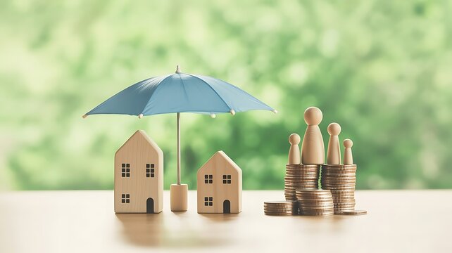 Blue umbrella protecting miniature wooden houses and peg dolls on coin stacks representing financial security and family home insurance concept