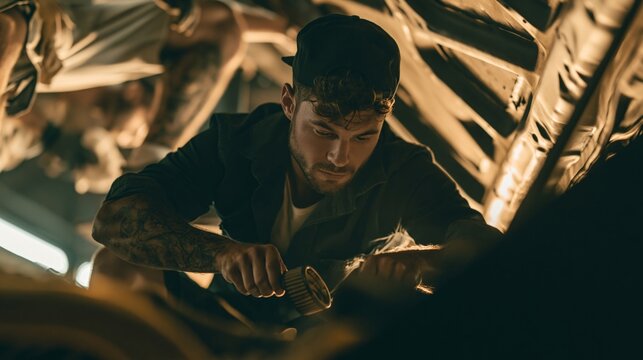 Focused young man working intently with tools inside a rustic industrial workshop space