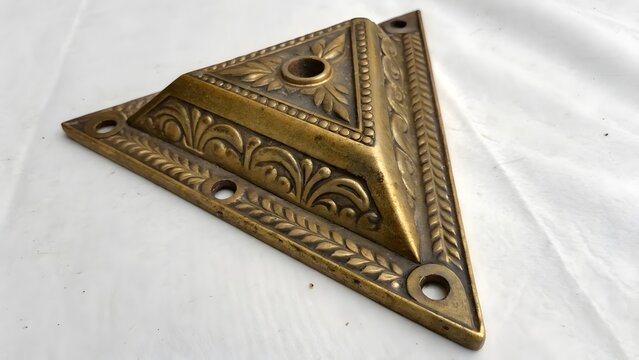 Triangular plate exhibits detailed embossed filigree patterns along its polished brass edges.