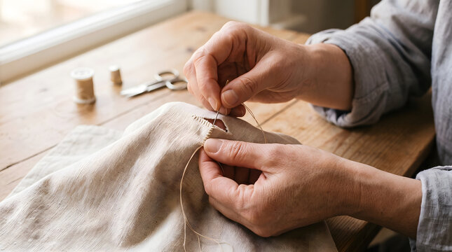 Closeup of hands sewing a repair on a piece of textured fabric with a needle and thread