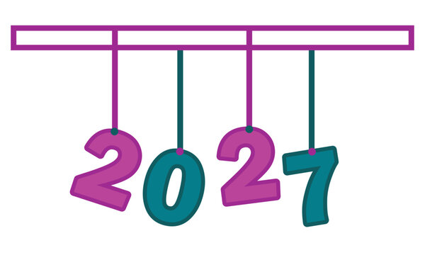 2027 hanging numbers vector illustration with colorful digits suspended from a bar, New Year celebration concept