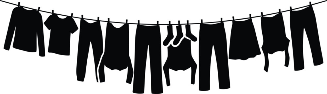 Laundry hanging on clothesline black silhouette with clothes shirts pants and socks vector illustration isolated background
