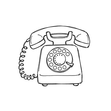 Old fashioned rotary telephone sketch with coiled cord and handset for telecommunications history visuals or retro style decor asset in creative art designs.