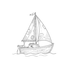 Sailboat outline graphic line art illustration for nautical decor posters and maritime design themes depicting vintage vessel with sails and rigging elements set. © Mr WaQaS