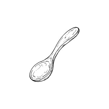 Traditional wooden spoon kitchen utensil outline drawing for cooking and food preparation concepts featuring rustic hand drawn ink sketch style design elements.